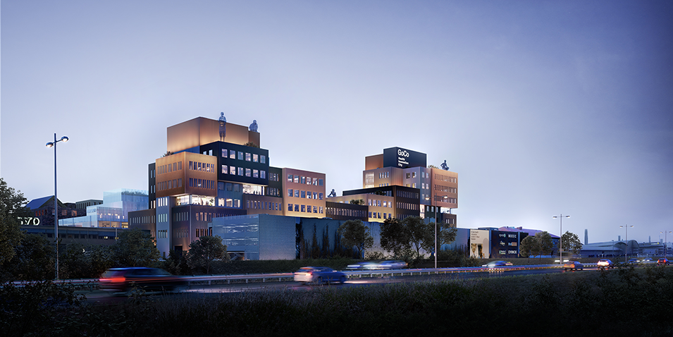 Arkitektbild av Life Science-klustret GoCo Health Innovation City, som just nu byggs intill AstraZenecas anläggning.