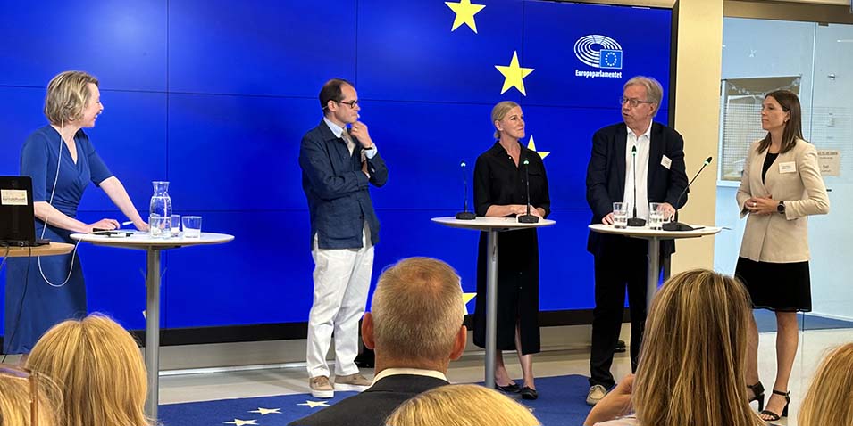 Panelsamtal lett av moderatorn Katrine Kielos Marcal, med Fredrik Erioxon, Anna Stellinger, chef internationella relationer Svenskt Näringsliv, Lars Danielsson, EU-ambassadör 2016-2023, och Frida Wallnor, chef ledarredaktionen Dagens Industri.