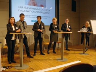 Fr v Agneta Holmström, Anders Tegnell, Tobias Cassel, Ann Söderström, Gilbert Tribo och Lena Hallengren