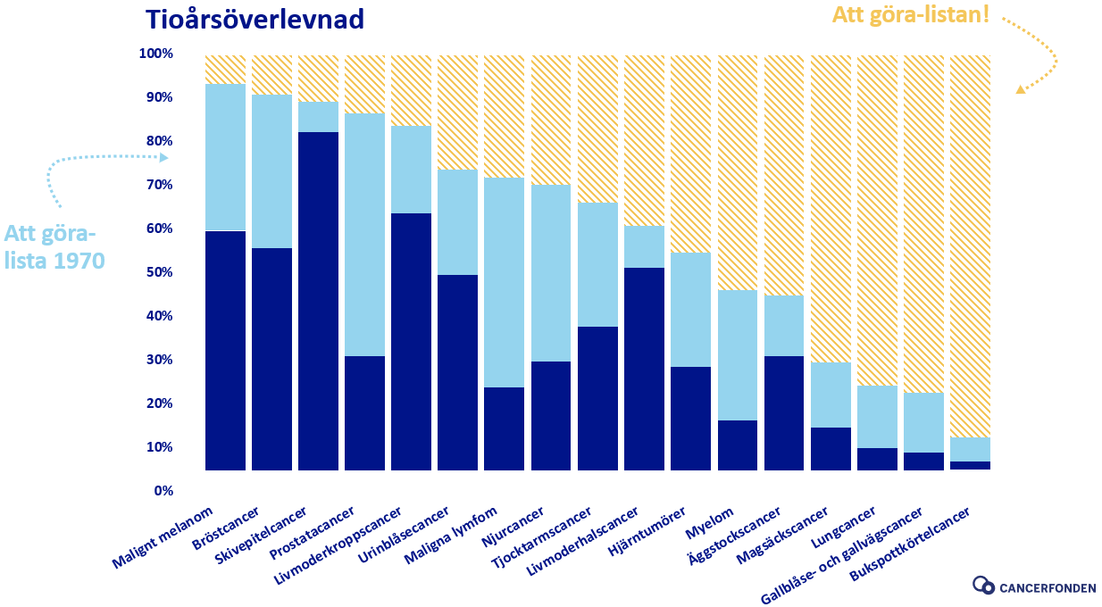 Mörkblå staplar visar svenska patienters tioårsöverlevnad i procent för olika cancersjukdomar 1970, och ljusblå dagens överlevnadsnivå. Cancer i lungor och i bukspottskörteln fortsätter att utgöra en stor utmaning för vården. Diagram: Cancerfonden