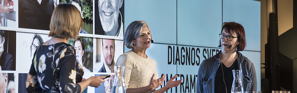 Åsa Uhlin, chefredaktör för Veckans Affärer, modererade samtalen. Här tillsammans med Julie Gerberding (MSD) och Sara Riggare (civilingenjör).